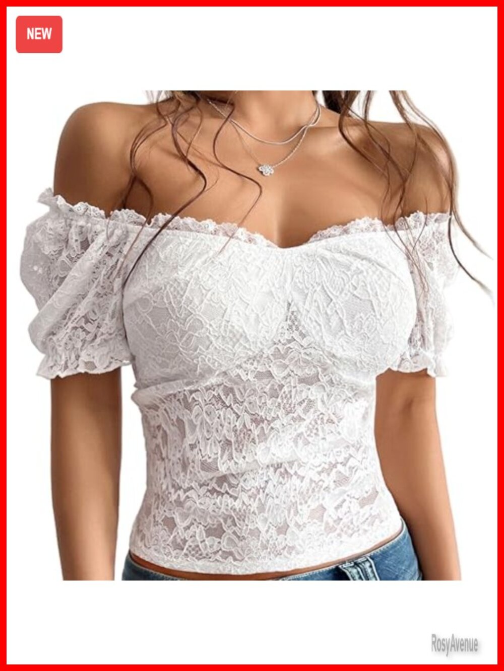Women's Lace Crop Top Off Shoulder Sheer Mesh Puff Short Sleeve Floral Corset